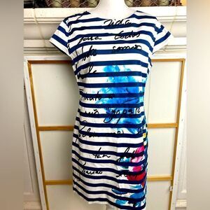 Desigual Spain Fabulous Graphic striped dress w/cap sleeves& splash of color